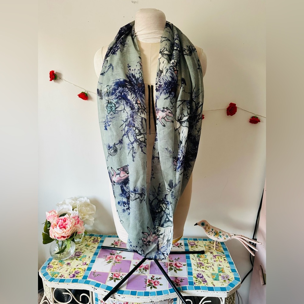 Aritzia Wilfred Floral Animal Silk Wool Scarf - Blue Green and Pink